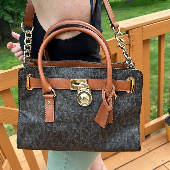 Michael Kors Hamilton Satchel Bag with Gold Chain - Brown - Picture 10 of 15